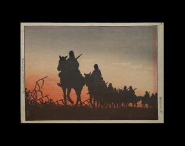 川瀬巴水: Sunset- advance of the cavalry in Manchuria - Japanese Art Open Database