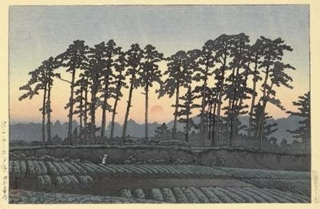 川瀬巴水: Sunset at Ichinokura, Ikegami — 池上市之倉（夕陽） - Japanese Art Open Database