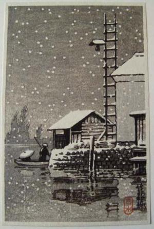 川瀬巴水: Unknown- snow river boat - Japanese Art Open Database