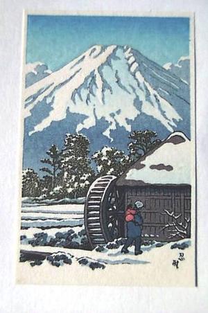 川瀬巴水: Waterwheel snow — 忍畦 - Japanese Art Open Database