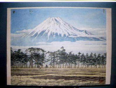 Kawase Hasui, 川瀬巴水 (Kawase Hasui (川瀬巴水))による浮世絵「Cyclist by Mt. Fuji」