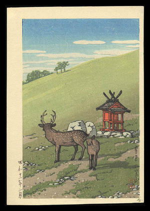 川瀬巴水: Deer Strolling along Kasuga Shrine, Nara - Japanese Art Open Database