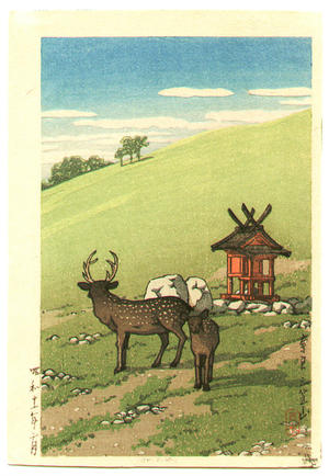 川瀬巴水: Deer Strolling along Kasuga Shrine, Nara - Japanese Art Open Database