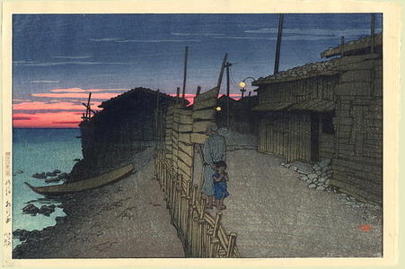 川瀬巴水: View of Aikawa-cho on Sado Island at dusk - Japanese Art Open Database