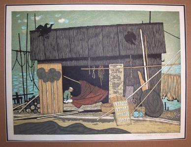 北岡文雄: Old Fisherman in a Net House - Japanese Art Open Database
