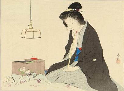 鏑木清方: Bijin sewing - Japanese Art Open Database