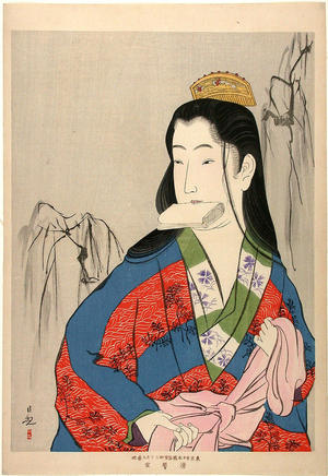 Kobayashi Kiyochika: Street girl fastening a sash by a willow tree - Japanese Art Open Database