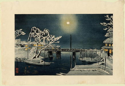 Kobayashi Kiyochika: Clear moon over Imado Bridge - Asakusa in snow - Japanese Art Open Database