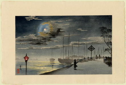 小林清親: Moon on a chilly night at Akashicho, Tsukiji — 築地明石町寒夜之月 - Japanese Art Open Database