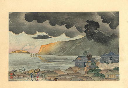 Kobayashi Kiyochika: Sudden evening shower at Atami in Izu — 伊豆熱海夕立 - Japanese Art Open Database