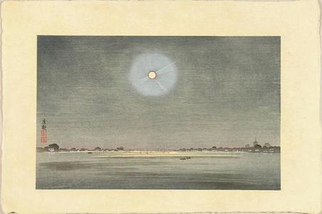 小林清親: The Winter Moon - Kinryuzan Viewed from the Banks of the Sumida River — 墨堤より望む金龍山 冬の月 - Japanese Art Open Database