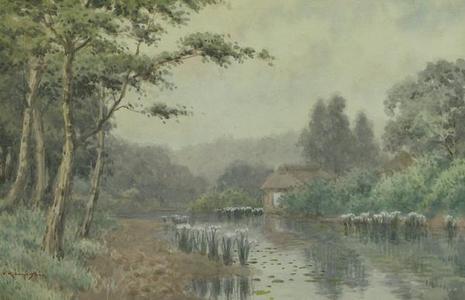 Kobayashi Tokusaburo: River scene with farmlet and iris - Japanese Art Open Database