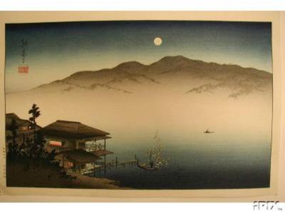 古峰: A Lakeside Inn Under Moonlight - Japanese Art Open Database