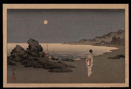 古峰: A woman sauntering on a beach by moonlight - Japanese Art Open Database