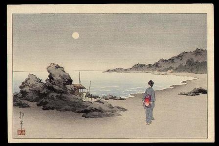 古峰: A woman sauntering on a beach by moonlight - Japanese Art Open Database