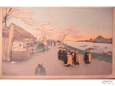 古峰: Cherry blossoms, priests, river - Japanese Art Open Database