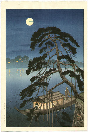 古峰: Unknown night boat scene - Japanese Art Open Database