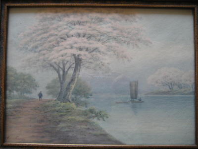 Komatsu: Sailboat on river in spring - Japanese Art Open Database