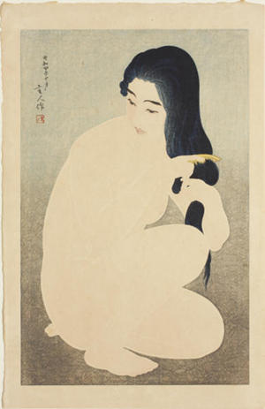鳥居言人: Combing Her Hair - Japanese Art Open Database