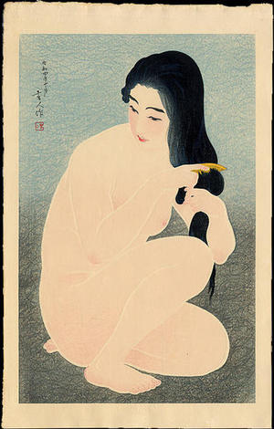 鳥居言人: Combing Her Hair - Japanese Art Open Database