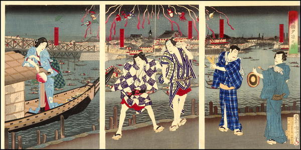 豊原国周: Fireworks over the Ryogoku Bridge - Japanese Art Open Database