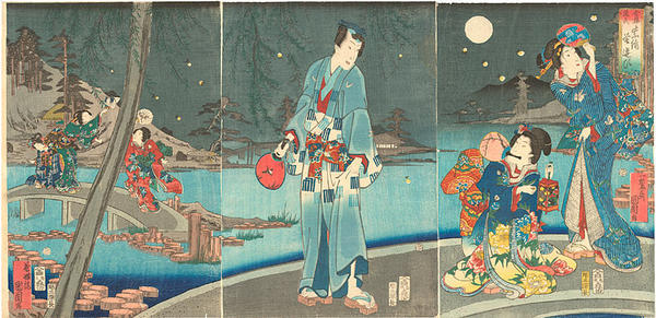 豊原国周: Genji and women catching fireflies - Japanese Art Open Database