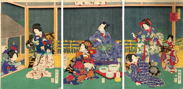 Utagawa Kunimasa II, 歌川国政〈2〉 (Kunimasa 2 (国政))による浮世絵「Prince Genji enjoying an open air supper」