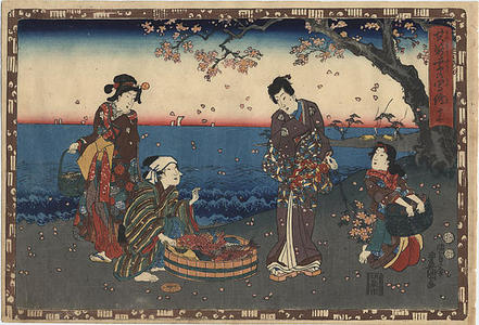 Utagawa Kunisada: CH13 - Prince Genji on a beach with three Fisher-women - Japanese Art Open Database