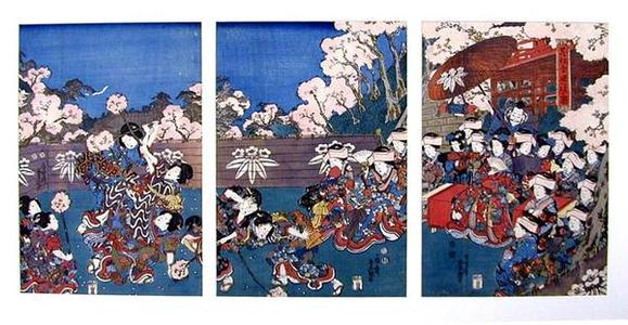 Estampe japonaise "A Noble Lady & Her Court Viewing Dancers" par Utagawa Kunisada, 歌川国貞 (Kunisada 1 Utagawa (1786-1865)- Toyokuni 3 (歌川国貞-豊国三代))