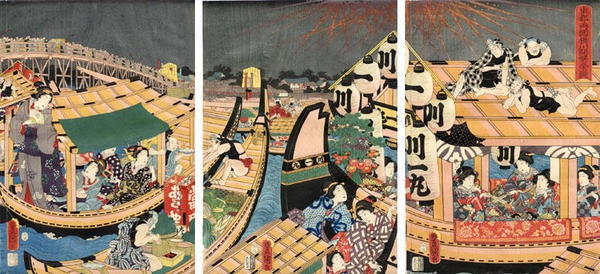 Utagawa Kunisada: Fireworks at Ryogoku Bridge - Japanese Art Open Database