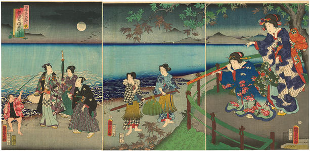 Utagawa Kunisada: Autumn - Charming Genji on a beach in Suma under a full moon - Japanese Art Open Database