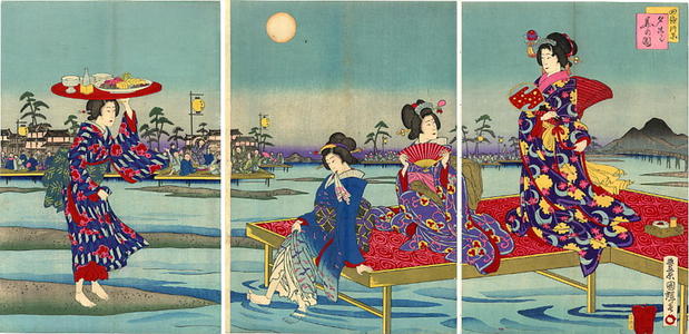 Utagawa Kuniteru: Elegantly attired Bijin cool off on the bank of the Shijo-Gawara River - Japanese Art Open Database