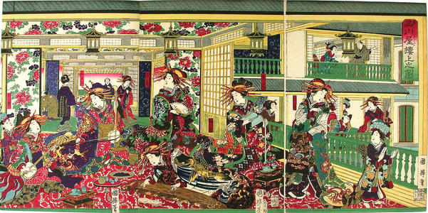 Kuniteru 2 Yamada: Picture of the upper rooms of the Shinagawa-ya house in Shin-Yoshiwara — Shinagawa-ya rojo no zu Shin-Yoshiwara - Japanese Art Open Database