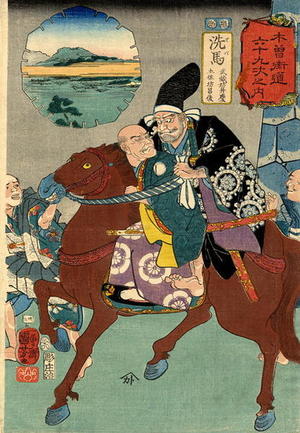 歌川国芳: Musashi-bo Benkei carries his captive before him on his horse - Japanese Art Open Database