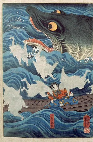 Utagawa Kuniyoshi: Tametomo Rescued by Tengu sent by Sanuki-in - Japanese Art Open Database