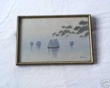 Kyoha: Four fishing boats on a calm lake - Japanese Art Open Database