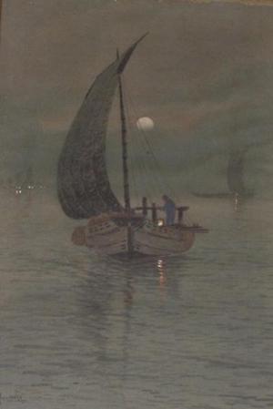 Masamitsu T: Sailboats at night - Japanese Art Open Database