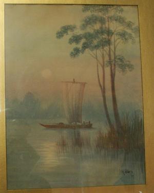 Niimi K: Sailboat on lake - Japanese Art Open Database