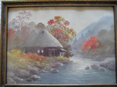 Niimi S: Hut by river in autumn - Japanese Art Open Database