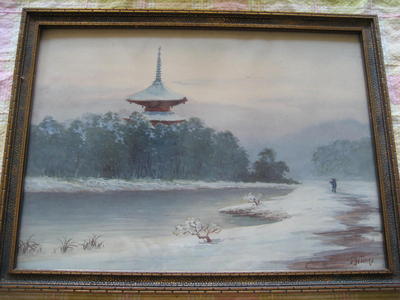 Niimi S: Pagoda by river in winter - Japanese Art Open Database