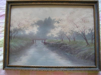 Niimi S: Sakura on river bank - Japanese Art Open Database