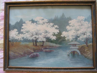 Niimi S: Sakura on river bank with lantern - Japanese Art Open Database