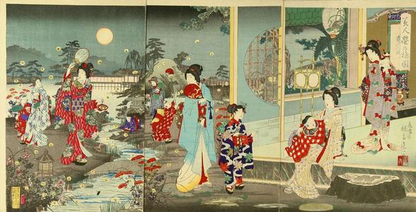 Watanabe Nobukazu: Beauties strolling in an evening garden viewing fireflies — 美人蛍乃遊園 - Japanese Art Open Database