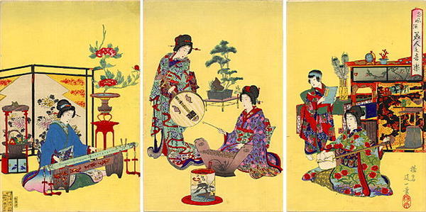 Watanabe Nobukazu: Beautiful ladies playing music in the Kyoto style. - Japanese Art Open Database