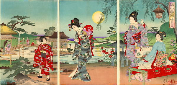 Watanabe Nobukazu: Women at a moon-viewing in a garden - Japanese Art Open Database