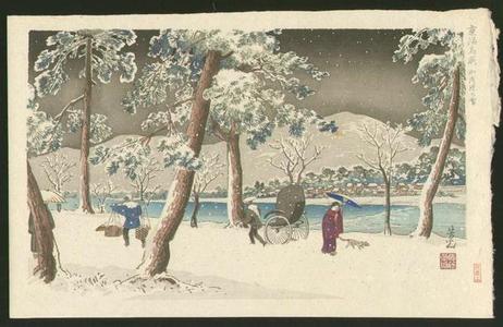 Nomura Yoshimitsuによる浮世絵「Snow on the Bank of Kamogawa — 加茂堤の雪」