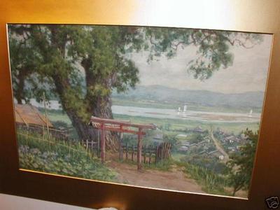 Numabe: Torii gate with view of river sailboats - Japanese Art Open Database