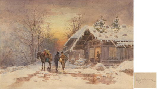 Ozawa M: A country village in winter - Japanese Art Open Database