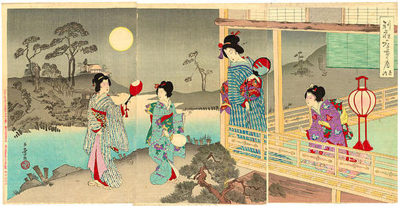 Rosetsu: Women in a garden at a villa under a full moon - Japanese Art Open Database