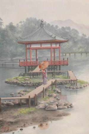 Saito Hodo: Geisha with umbrella neas Pagoda - Japanese Art Open Database